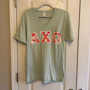 American Apparel teal AXO sorority shirt with stitched letters